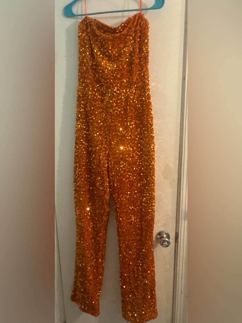 Fashion Nova Orange Sequin Strapless Draped Jumpsuit